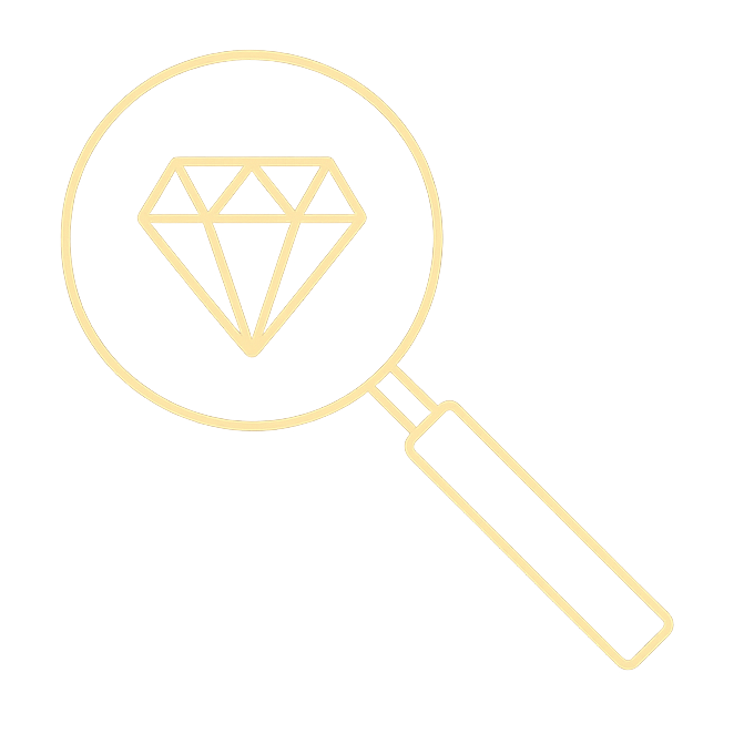 Uma lupa com um diamante dentro, representada em um contorno bege simples em um fundo preto - simbolizando o fascínio refinado de um acompanhante de luxo.