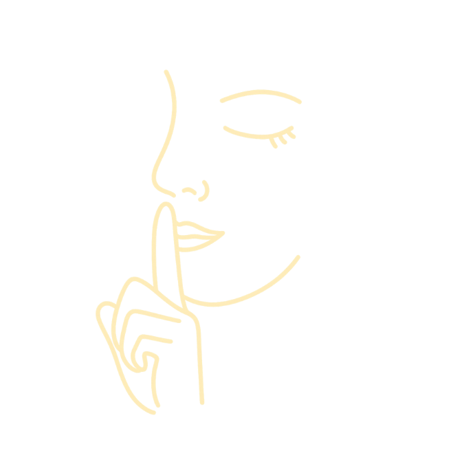 Desenho minimalista de um rosto com os olhos fechados e um dedo nos lábios, capturando um gesto de silêncio - uma imagem que exala a elegância tranquila de um acompanhante de luxo.